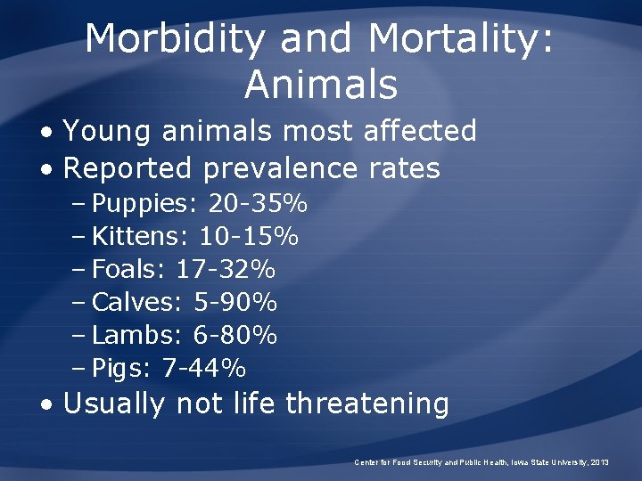 Morbidity and Mortality: Animals • Young animals most affected • Reported prevalence rates –
