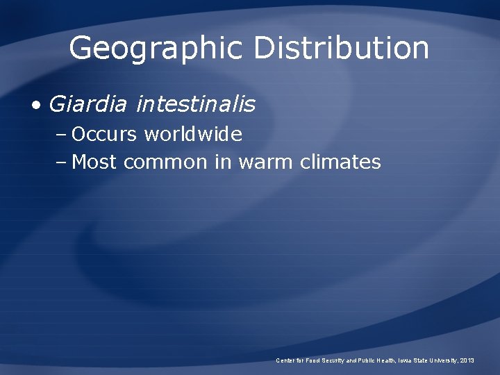 Geographic Distribution • Giardia intestinalis – Occurs worldwide – Most common in warm climates