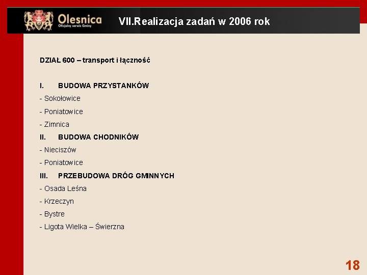 VII. Realizacja zadań w 2006 rok DZIAŁ 600 – transport i łączność I. BUDOWA