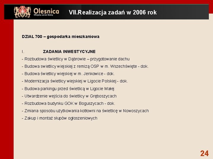 VII. Realizacja zadań w 2006 rok DZIAŁ 700 – gospodarka mieszkaniowa I. ZADANIA INWESTYCYJNE