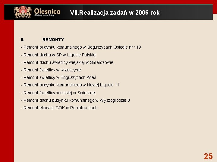 VII. Realizacja zadań w 2006 rok II. REMONTY - Remont budynku komunalnego w Boguszycach