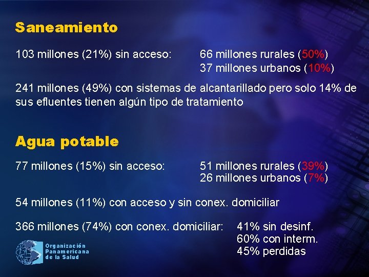 Saneamiento 103 millones (21%) sin acceso: 66 millones rurales (50%) 37 millones urbanos (10%)