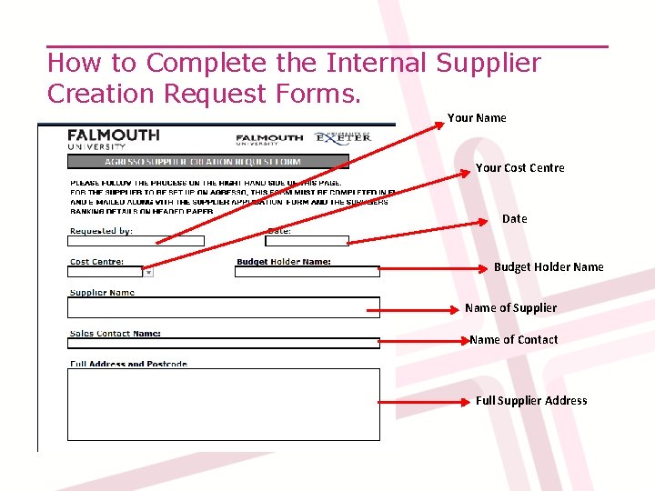 How to Complete the Internal Supplier Creation Request Forms. Your Name Your Cost Centre