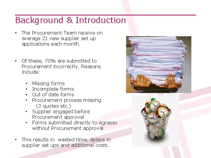 Background & Introduction • The Procurement Team receive on average 21 new supplier set