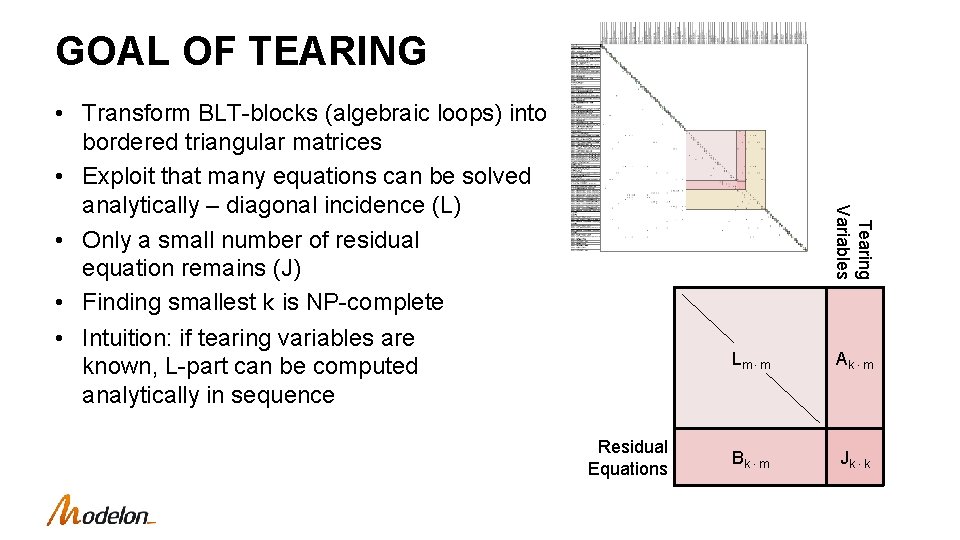 GOAL OF TEARING Tearing Variables • Transform BLT-blocks (algebraic loops) into bordered triangular matrices