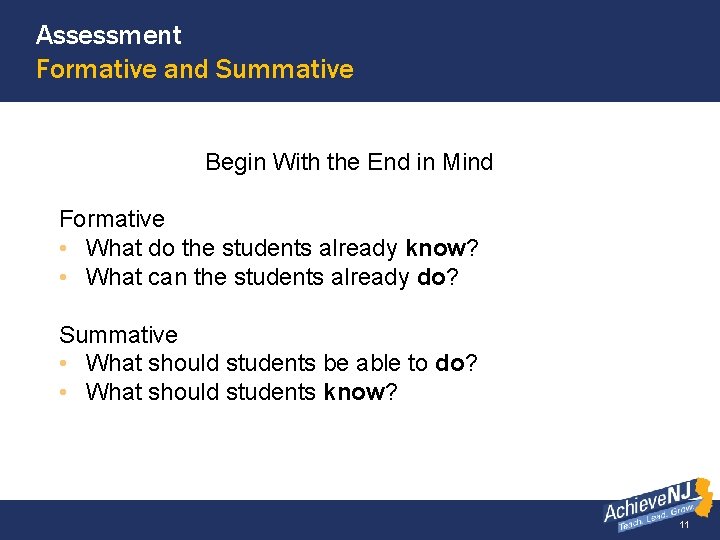 Assessment Formative and Summative Begin With the End in Mind Formative • What do
