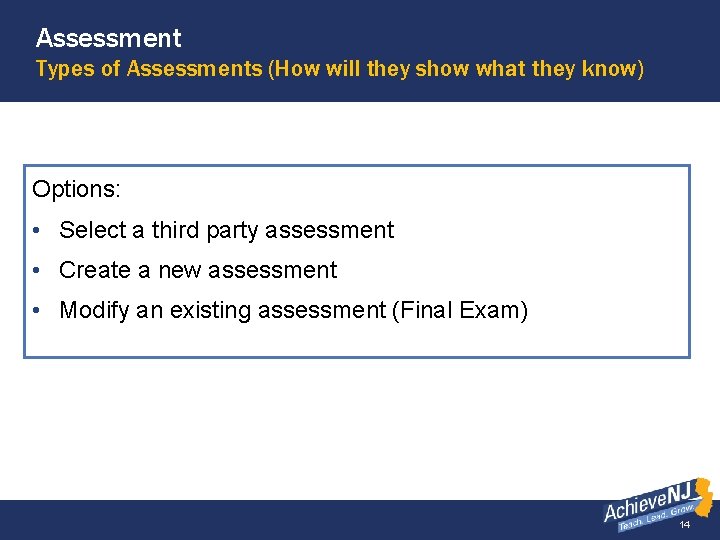 Assessment Types of Assessments (How will they show what they know) Options: • Select