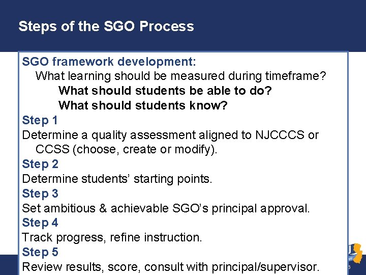 Steps of the SGO Process SGO framework development: What learning should be measured during