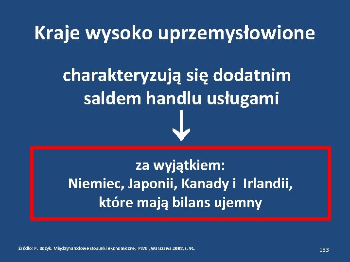 Kraje wysoko uprzemysłowione charakteryzują się dodatnim saldem handlu usługami za wyjątkiem: Niemiec, Japonii, Kanady