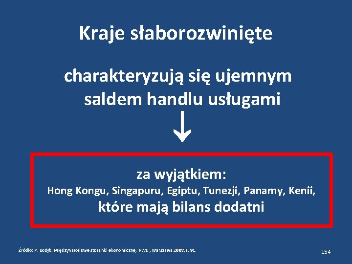 Kraje słaborozwinięte charakteryzują się ujemnym saldem handlu usługami za wyjątkiem: Hong Kongu, Singapuru, Egiptu,