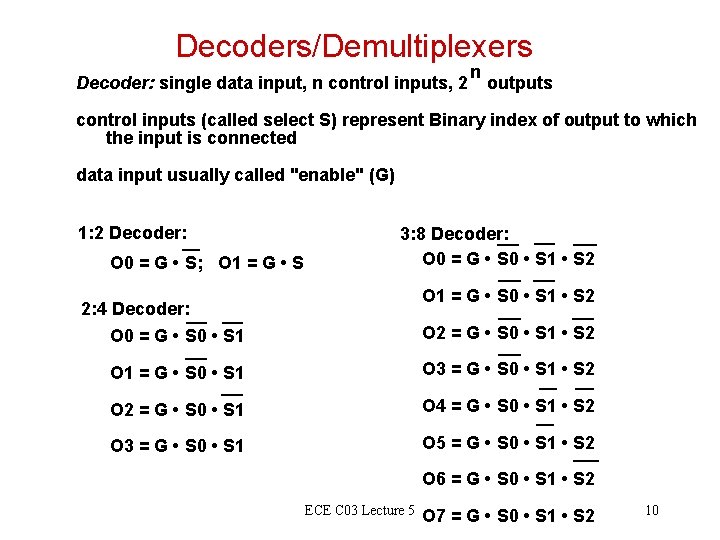 Decoders/Demultiplexers Decoder: single data input, n control inputs, 2 n outputs control inputs (called