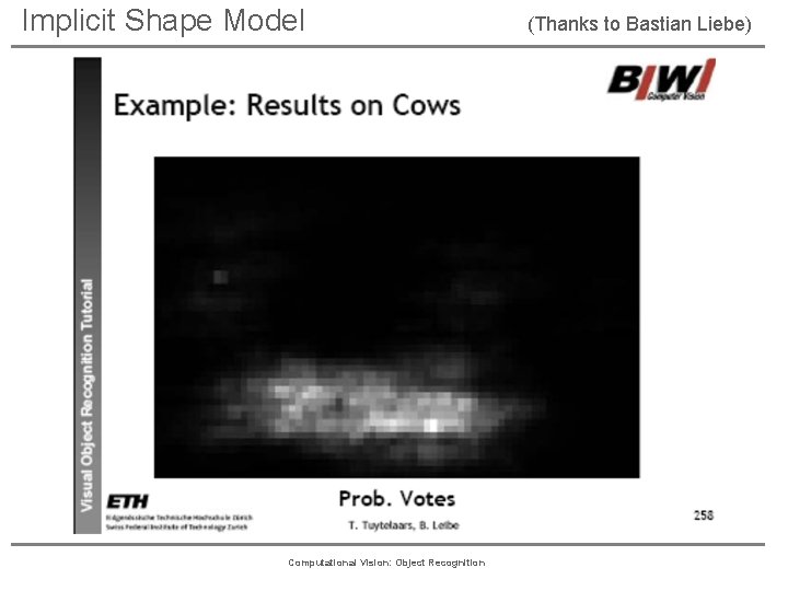 Implicit Shape Model Computational Vision: Object Recognition (Thanks to Bastian Liebe) 