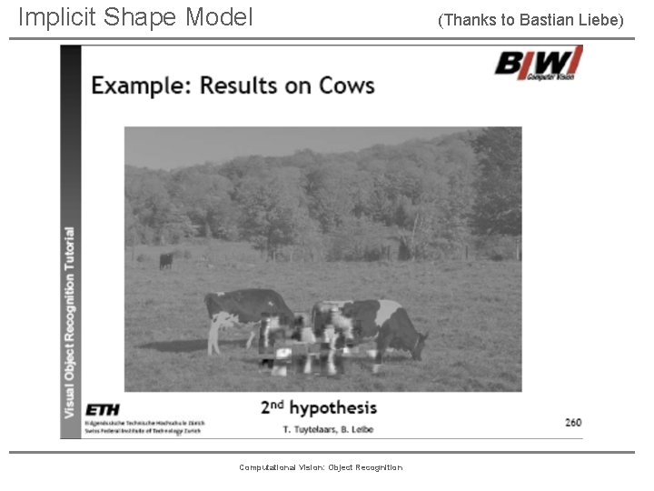 Implicit Shape Model Computational Vision: Object Recognition (Thanks to Bastian Liebe) 