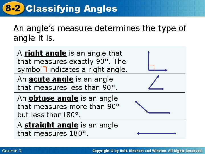 8 -2 Classifying Angles An angle’s measure determines the type of angle it is.