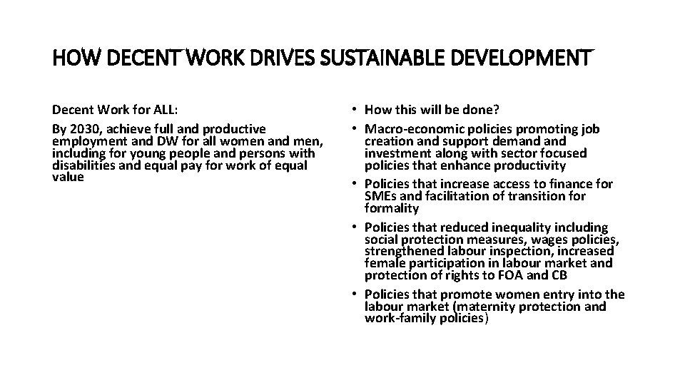 HOW DECENT WORK DRIVES SUSTAINABLE DEVELOPMENT Decent Work for ALL: By 2030, achieve full