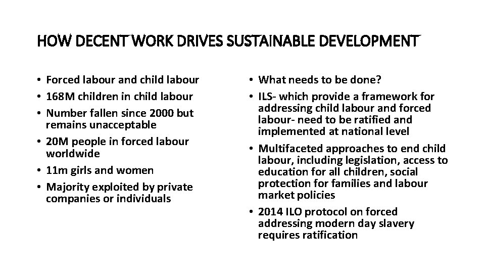 HOW DECENT WORK DRIVES SUSTAINABLE DEVELOPMENT • Forced labour and child labour • 168