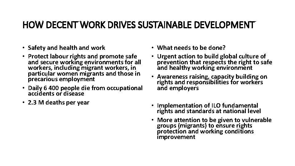 HOW DECENT WORK DRIVES SUSTAINABLE DEVELOPMENT • Safety and health and work • Protect