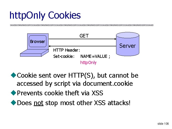 http. Only Cookies GET Browser HTTP Header: Set-cookie: NAME=VALUE ; http. Only Server u.