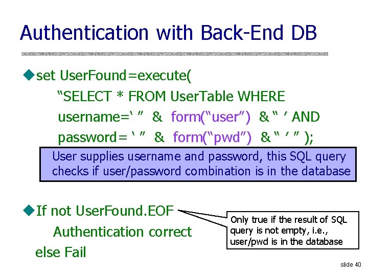 Authentication with Back-End DB uset User. Found=execute( “SELECT * FROM User. Table WHERE username=‘
