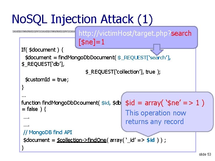 No. SQL Injection Attack (1) http: //victim. Host/target. php? search [$ne]=1 If( $document )