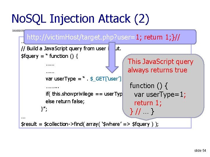 No. SQL Injection Attack (2) http: //victim. Host/target. php? user=1; return 1; }// …