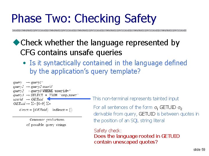 Phase Two: Checking Safety u. Check whether the language represented by CFG contains unsafe