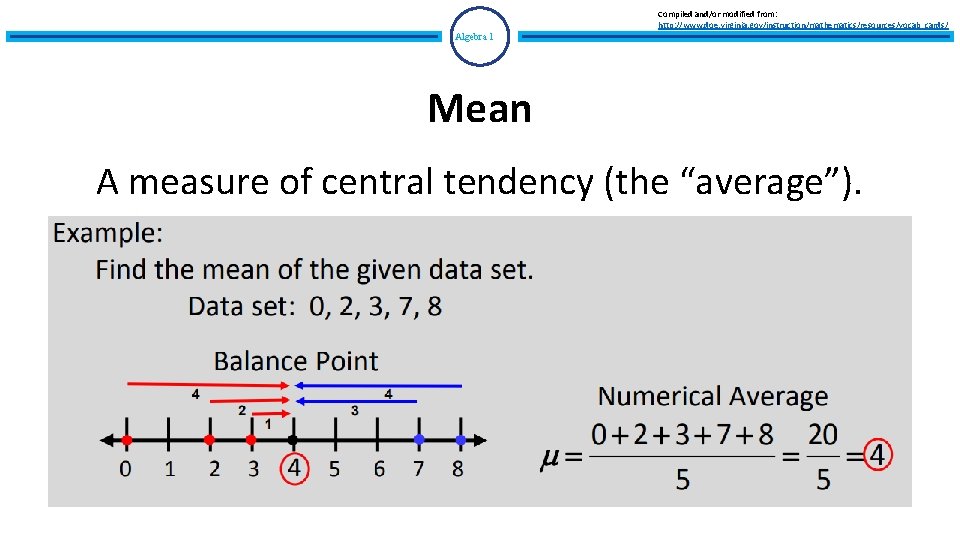 Compiled and/or modified from: http: //www. doe. virginia. gov/instruction/mathematics/resources/vocab_cards/ Algebra 1 Mean A measure