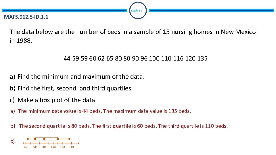 Algebra 1 MAFS. 912. S-ID. 1. 1 The data below are the number of