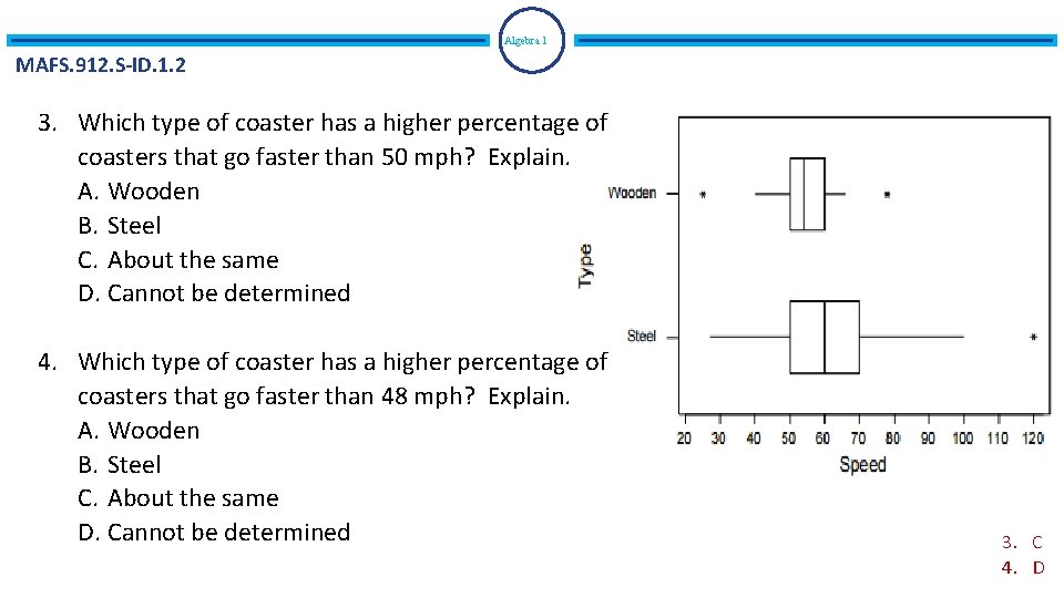 Algebra 1 MAFS. 912. S-ID. 1. 2 3. Which type of coaster has a