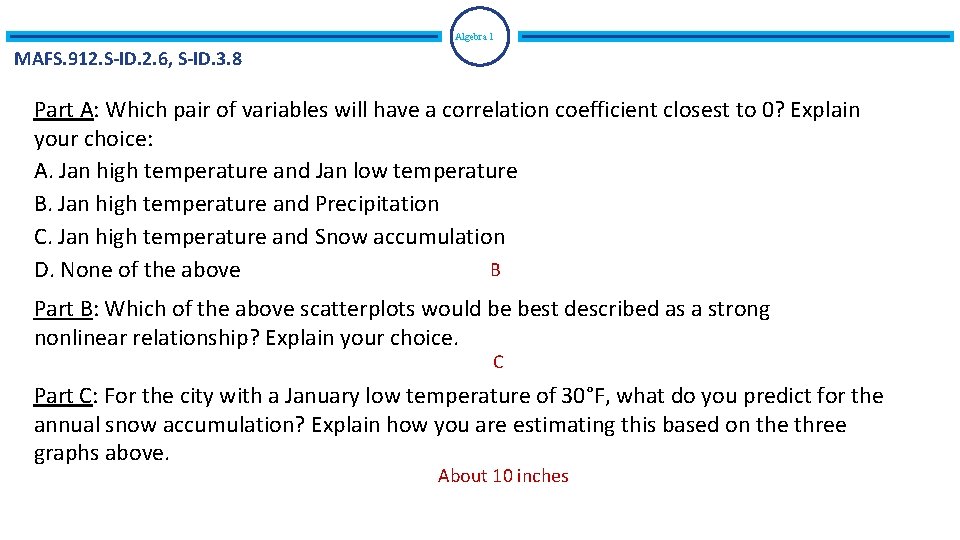 Algebra 1 MAFS. 912. S-ID. 2. 6, S-ID. 3. 8 Part A: Which pair