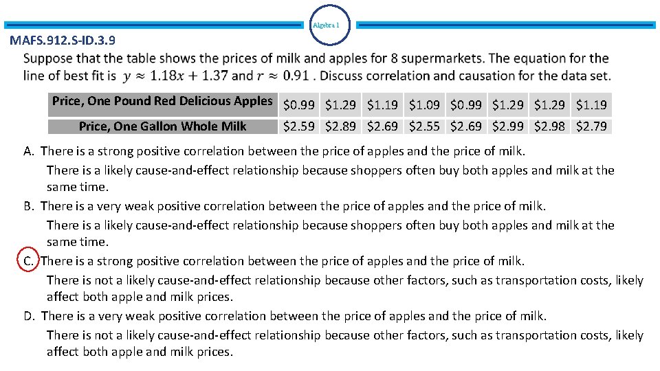 Algebra 1 MAFS. 912. S-ID. 3. 9 Price, One Pound Red Delicious Apples $0.