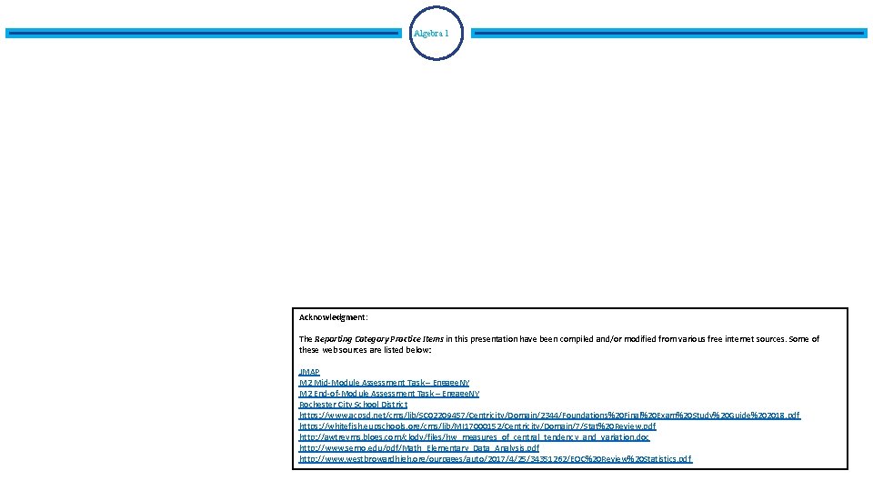 Algebra 1 Acknowledgment: The Reporting Category Practice Items in this presentation have been compiled