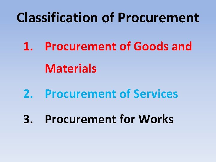 Classification of Procurement 1. Procurement of Goods and Materials 2. Procurement of Services 3.