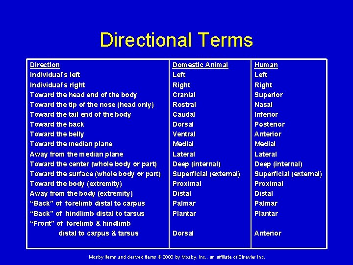 Directional Terms Direction Individual’s left Individual’s right Toward the head end of the body