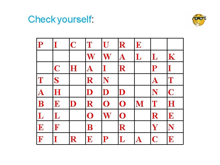 Check yourself: P T A B L E F I C S H E Check yourself: P T A B L E F I C S H E