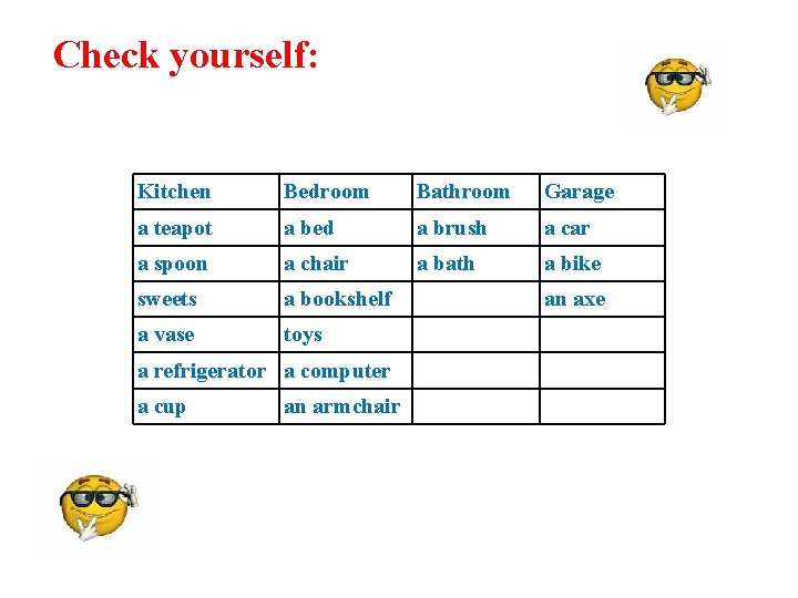Check yourself: Kitchen Bedroom Bathroom Garage a teapot a bed a brush a car Check yourself: Kitchen Bedroom Bathroom Garage a teapot a bed a brush a car