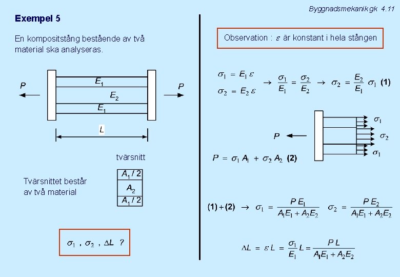 Byggnadsmekanik gk 4. 11 Exempel 5 En kompositstång bestående av två material ska analyseras.