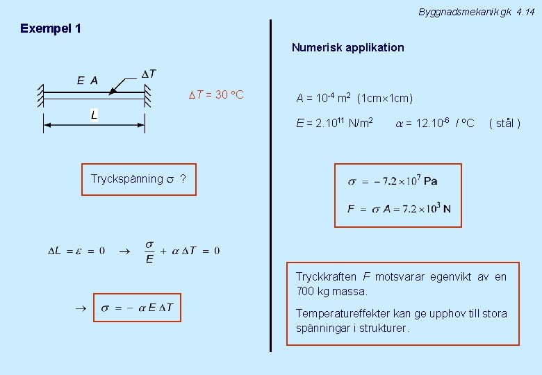 Byggnadsmekanik gk 4. 14 Exempel 1 Numerisk applikation T = 30 C A =