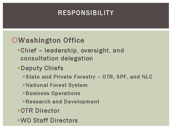 RESPONSIBILITY Washington Office § Chief – leadership, oversight, and consultation delegation § Deputy Chiefs