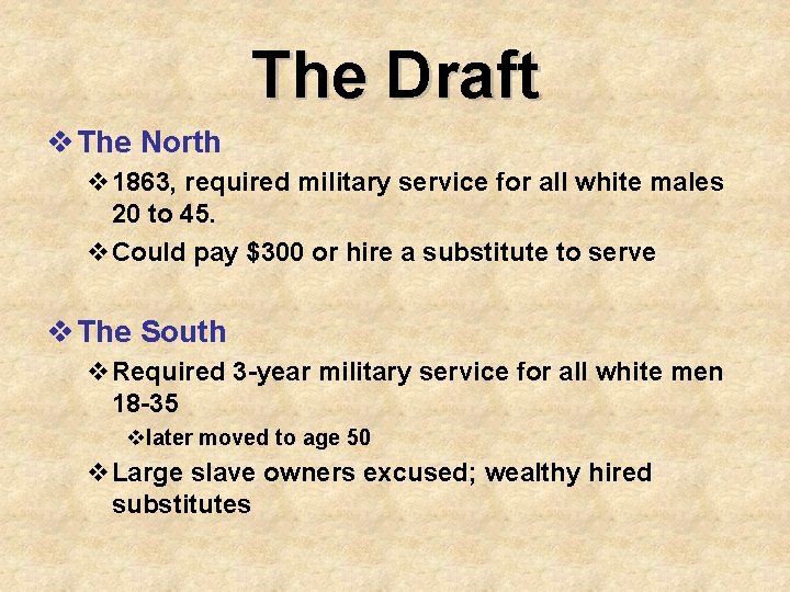 The Draft v The North v 1863, required military service for all white males