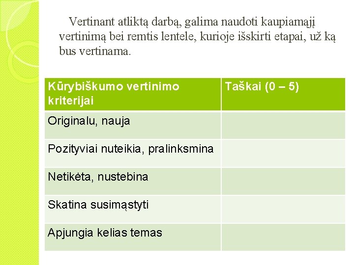  Vertinant atliktą darbą, galima naudoti kaupiamąjį vertinimą bei remtis lentele, kurioje išskirti etapai,