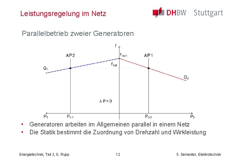 Leistungsregelung im Netz Parallelbetrieb zweier Generatoren • Generatoren arbeiten im Allgemeinen parallel in einem