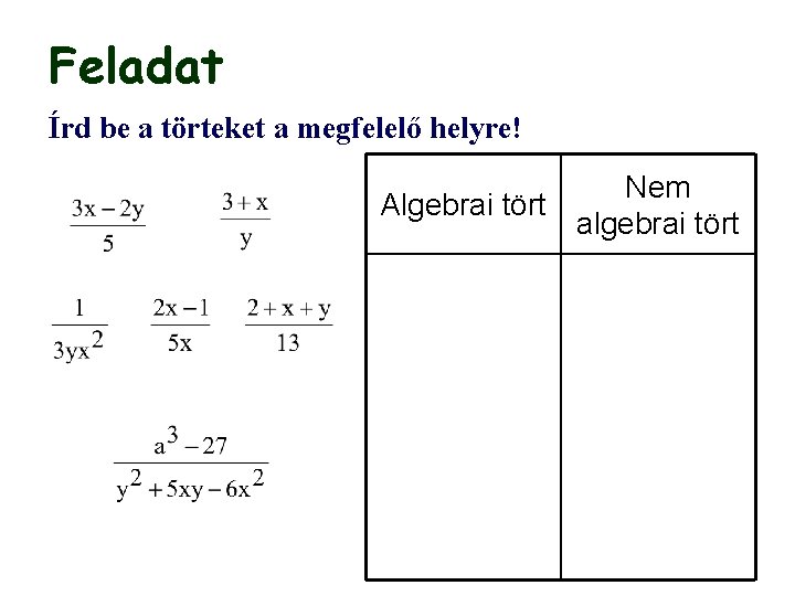 Feladat Írd be a törteket a megfelelő helyre! Nem Algebrai tört algebrai tört 