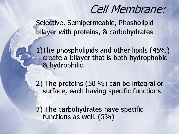 Cell Membrane: Selective, Semipermeable, Phosholipid bilayer with proteins, & carbohydrates. 1)The phospholipids and other Cell Membrane: Selective, Semipermeable, Phosholipid bilayer with proteins, & carbohydrates. 1)The phospholipids and other