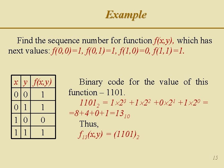 Example Find the sequence number for function f(x, y), which has next values: f(0,