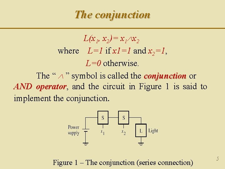 The conjunction L(x 1, x 2)= x 1 x 2 where L=1 if x The conjunction L(x 1, x 2)= x 1 x 2 where L=1 if x