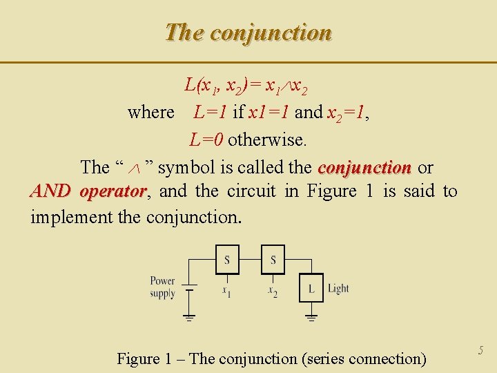 The conjunction L(x 1, x 2)= x 1 x 2 where L=1 if x