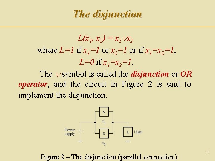 The disjunction L(x 1, x 2) = x 1 x 2 where L=1 if The disjunction L(x 1, x 2) = x 1 x 2 where L=1 if