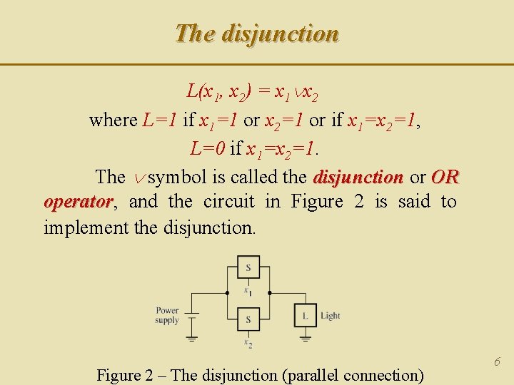 The disjunction L(x 1, x 2) = x 1 x 2 where L=1 if