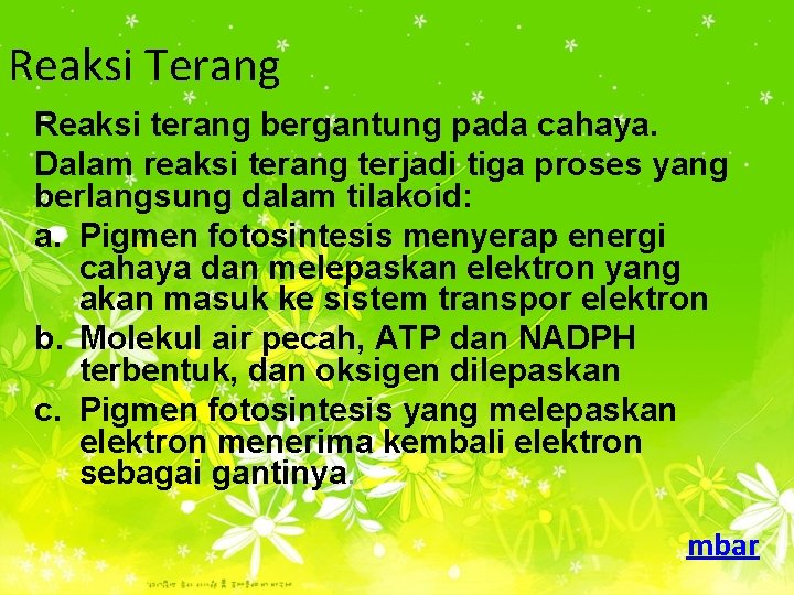 Reaksi Terang Reaksi terang bergantung pada cahaya. Dalam reaksi terang terjadi tiga proses yang